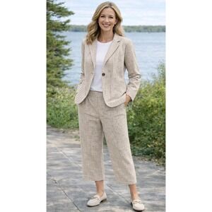 Lands' End Sport Knit Cropped Blazer Pants Suit Set Gingham Neutral Stretch Med